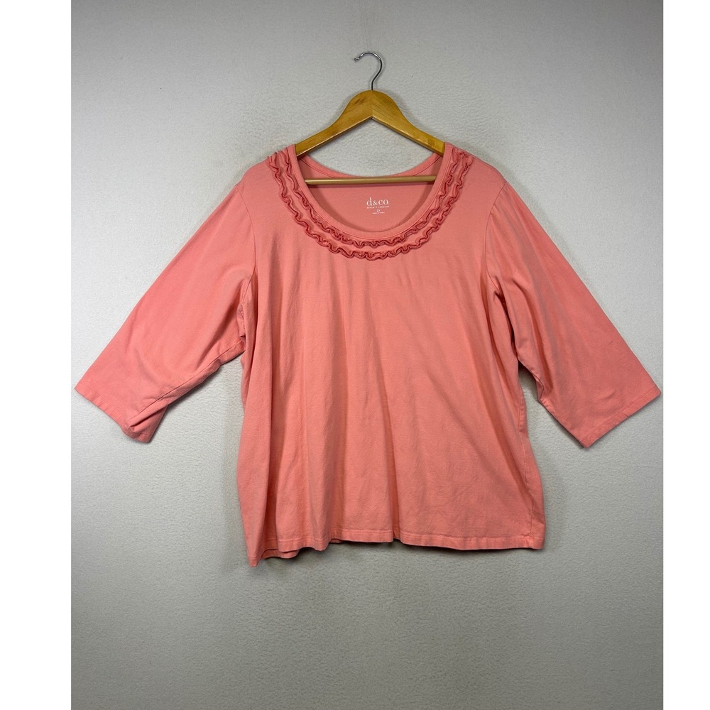Cottagecore Denim & Co Women 2X Coral Pink Ruffle Neck 3/4 Sleeve Knit Top